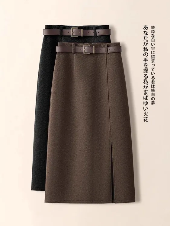 咖色复古毛呢a字半身裙女秋冬2025新款爆款毛呢中长裙开叉包臀裙