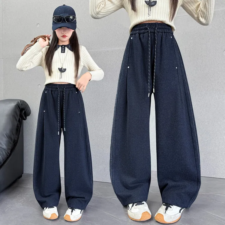 2025新款女童秋季卫裤儿童韩版洋气休闲时髦宽松百搭针织弯刀卫裤