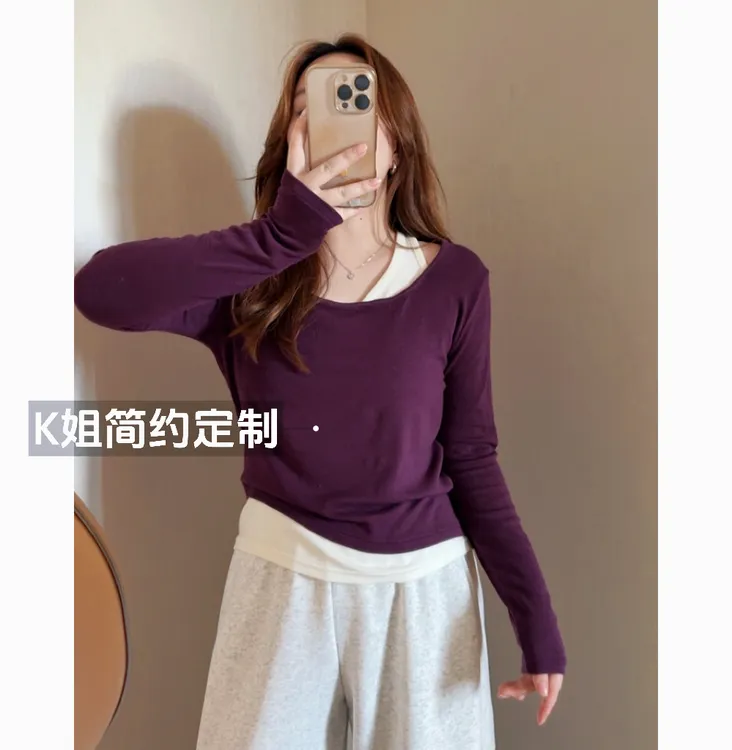 GTNER"KK定制"早秋新款假两件打底衫百搭春秋长袖T恤D2003