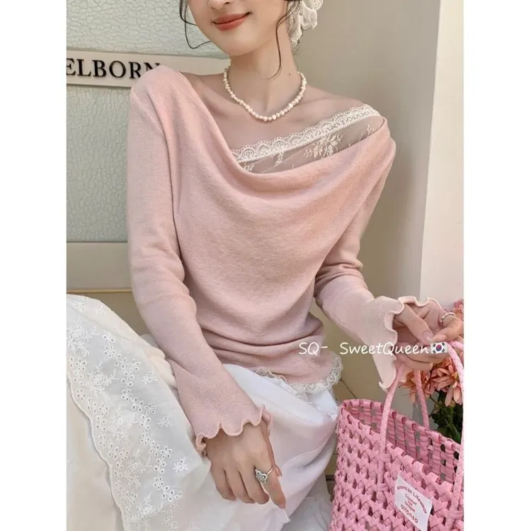 蕾丝拼接荡领长袖针织衫女2025开春穿搭新款温柔风显瘦设计感上衣