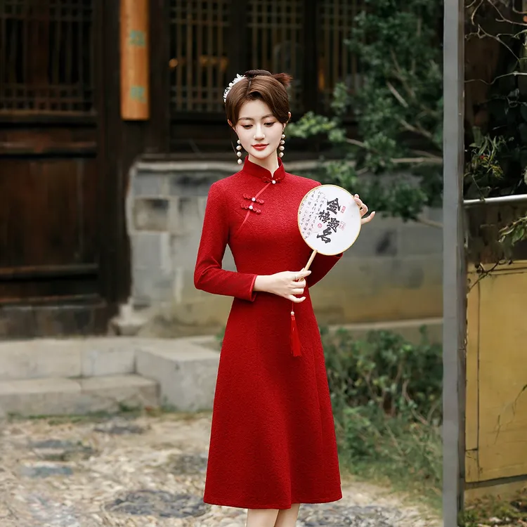 春秋婚宴旗袍改良新中式新款国风喜婆婆红色喜庆连衣裙中老年礼服