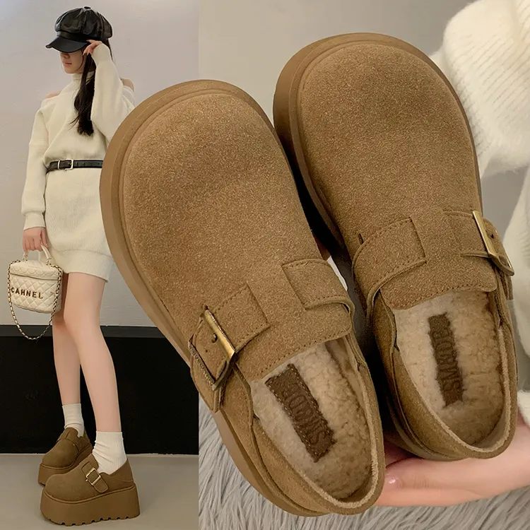7CM 加绒松糕厚底增高女鞋勃肯鞋2025秋冬复古一脚蹬乐福鞋博肯鞋
