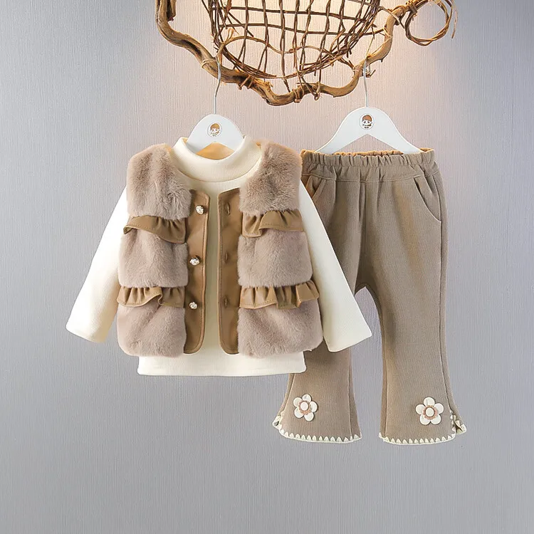 秋冬女童时髦加绒套装宝宝洋气毛毛马甲冬装棉服儿童仿皮草三件套