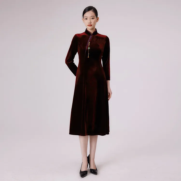 黛玛诗秋季新款连衣裙新中式旗袍领中长款气质收腰丝绒女裙