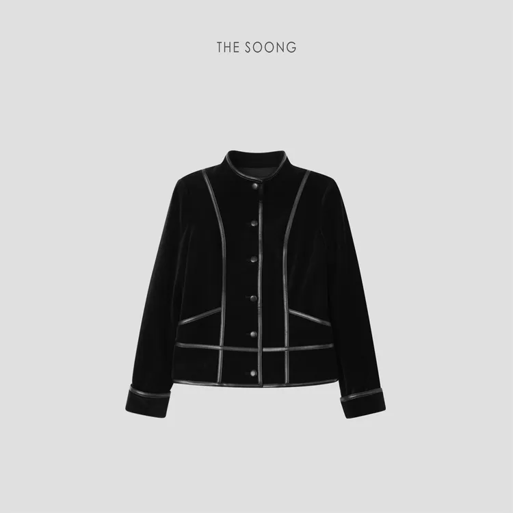 THESOONG|光影雕塑‘丝绒拼接天然植绒软锁温黑色棉服外套HBWT7774