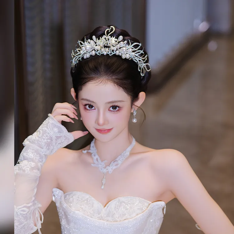 合金婚庆饰品 新娘天鹅甜美皇冠轻奢结婚生日优雅珍珠发饰MT0130