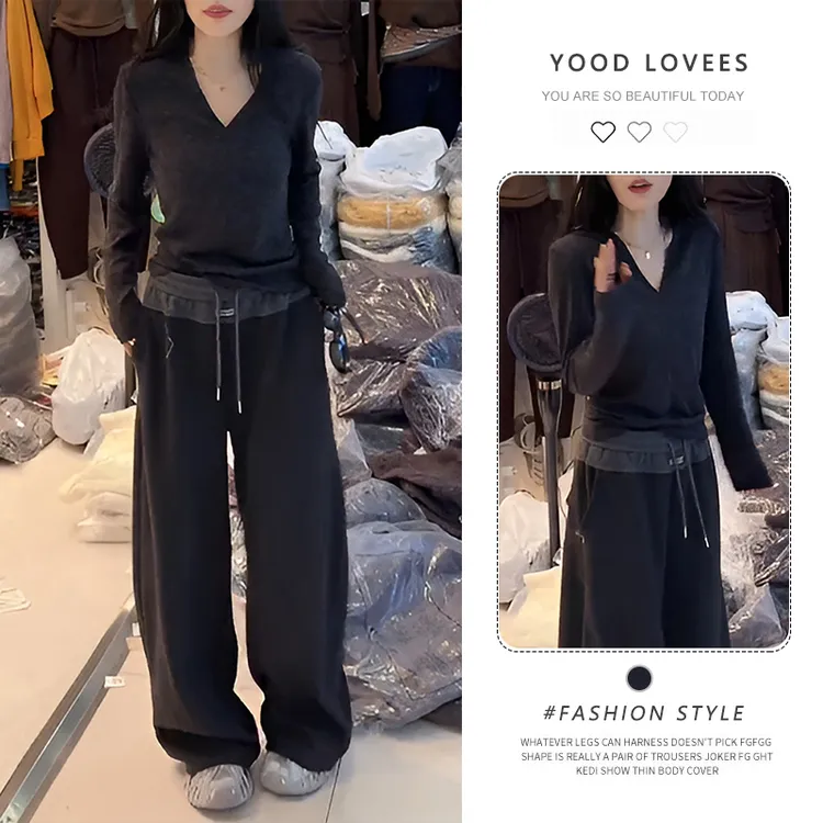 松弛感休闲时尚套装女2025春秋新款修身显瘦长袖T恤阔腿裤两件套
