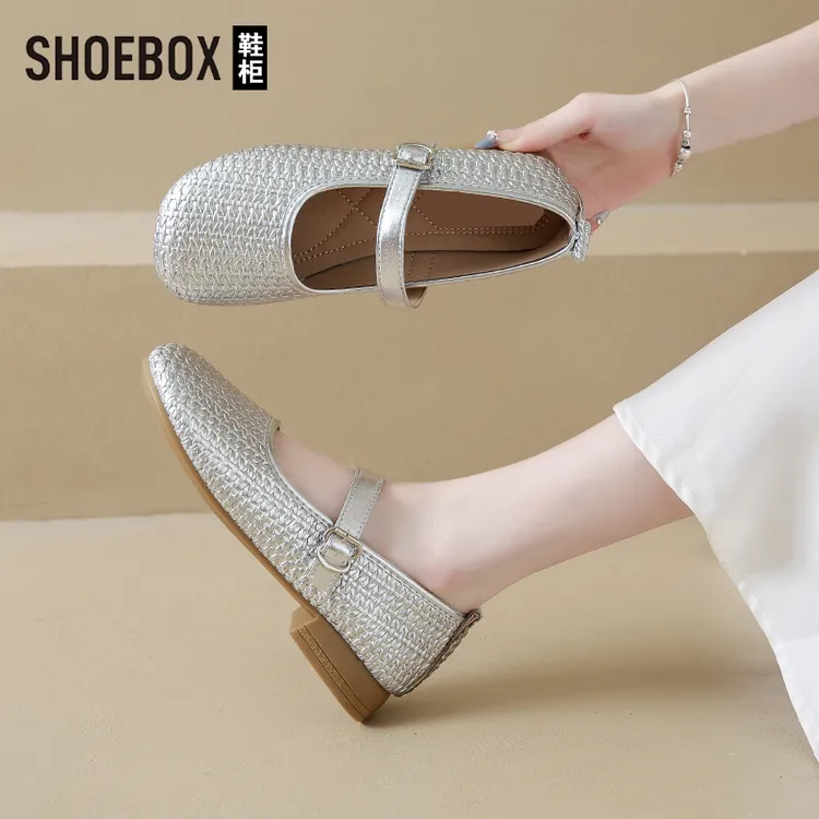 SHOEBOX鞋柜法式银色单鞋女夏2025新款配裙子浅口玛丽珍小皮鞋