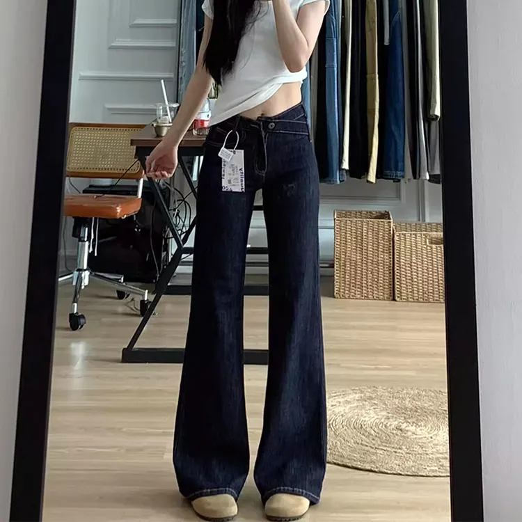 高个子设计感深蓝色牛仔裤女秋季新款复古高腰修身显瘦马蹄直筒裤