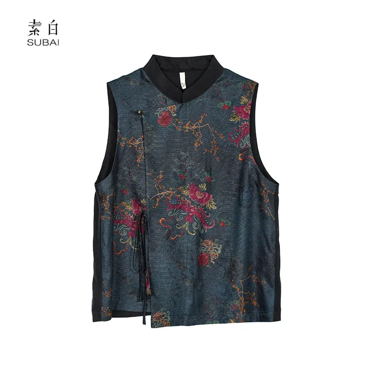 素白真丝马甲【华裳甲】J00379国风立领铜氨印花提花马甲