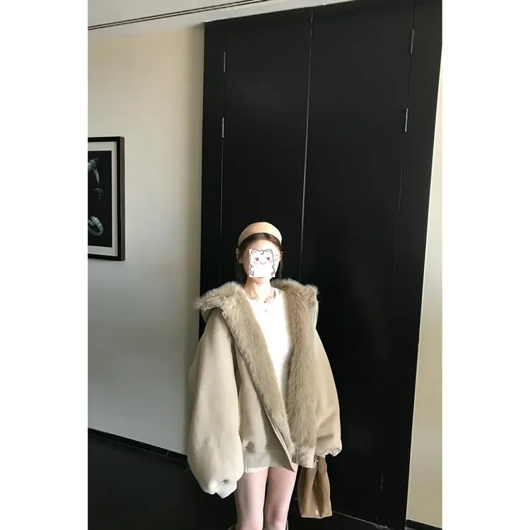 FANGWANG两面穿毛绒绒棉服定染环保仿皮草保暖连帽情侣卫衣外套