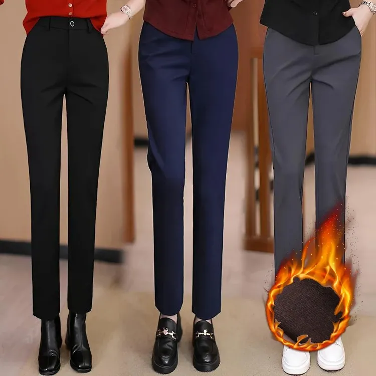 奈秀儿秋冬烟管裤子女春秋新款加绒加厚女裤高腰显瘦直筒西裤2399