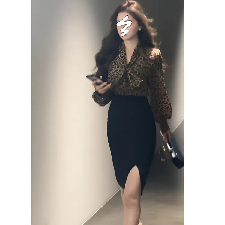 设计感韩版时尚豹纹系带雪纺衬衫长袖气质修身开衩高腰半身包臀裙