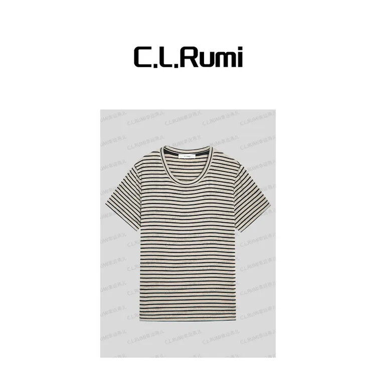 【Rumi时装】“燕麦奥利奥”25春夏薄圆领撞色条纹宽松T恤上衣6693sy