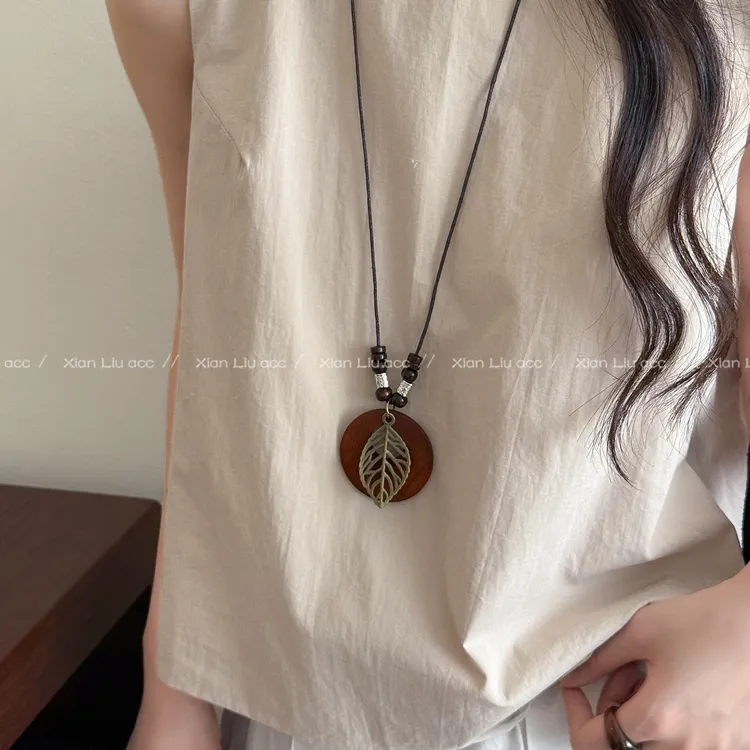 合金布艺项链 新中式禅意圆环麻绳项链女复古长款毛衣链百搭配饰 