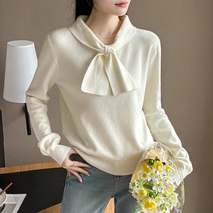 秋冬新款洋气蝴蝶结长袖毛衣宽松韩版圆领针织衫女
