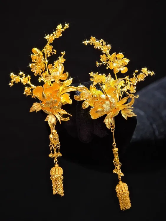 铁合金婚庆饰品 新娘头饰金色牡丹流苏边夹龙凤褂配饰百搭喜庆女