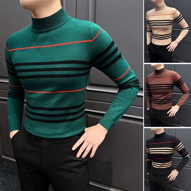 半高领条纹针织男士内搭打底衫爆款2025新款柔软长袖t恤男款毛衣