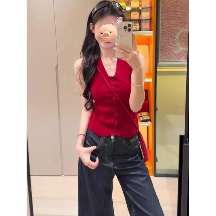 红色polo领针织背心女夏外穿2025新款修身翻领无袖多巴胺穿搭上衣