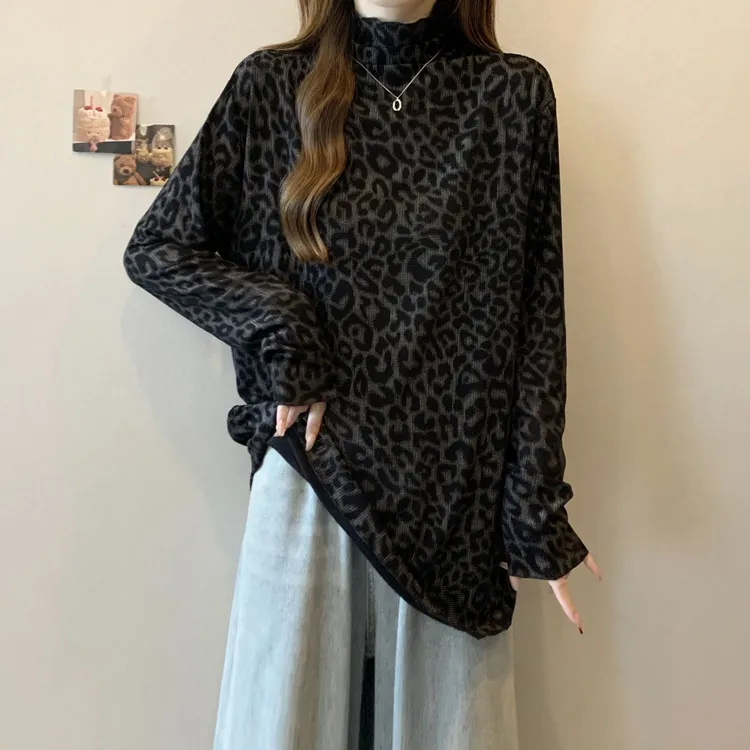 大码韩版豹纹印花半高领长袖上衣女秋季2025新款宽松显瘦打底衫女