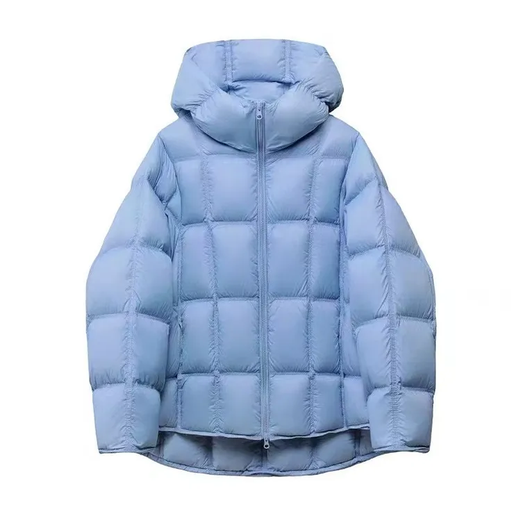 白鸭绒女款宽松加厚羽绒服女短款冬季新款加厚云朵方格连帽外套潮