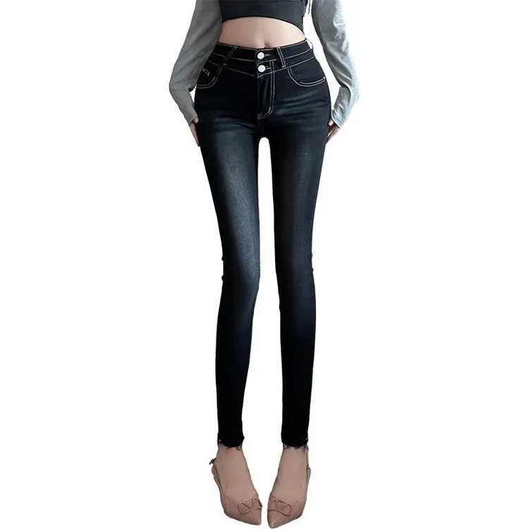 2025新款女自带丰胯垫高腰双扣弹力显瘦小脚牛仔裤女