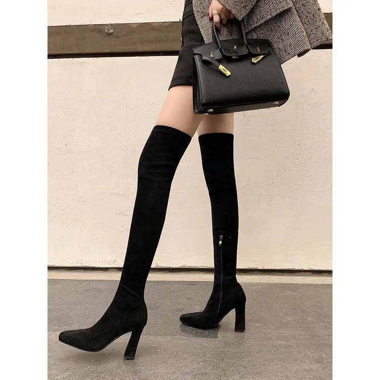 2025秋冬新款绒面方头过膝长靴女百搭弹力显瘦超高跟气质长筒靴