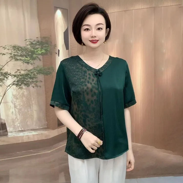 H夏季新款新中式国风真丝妈妈洋气大码衬衫宽松遮肉显瘦百搭上衣