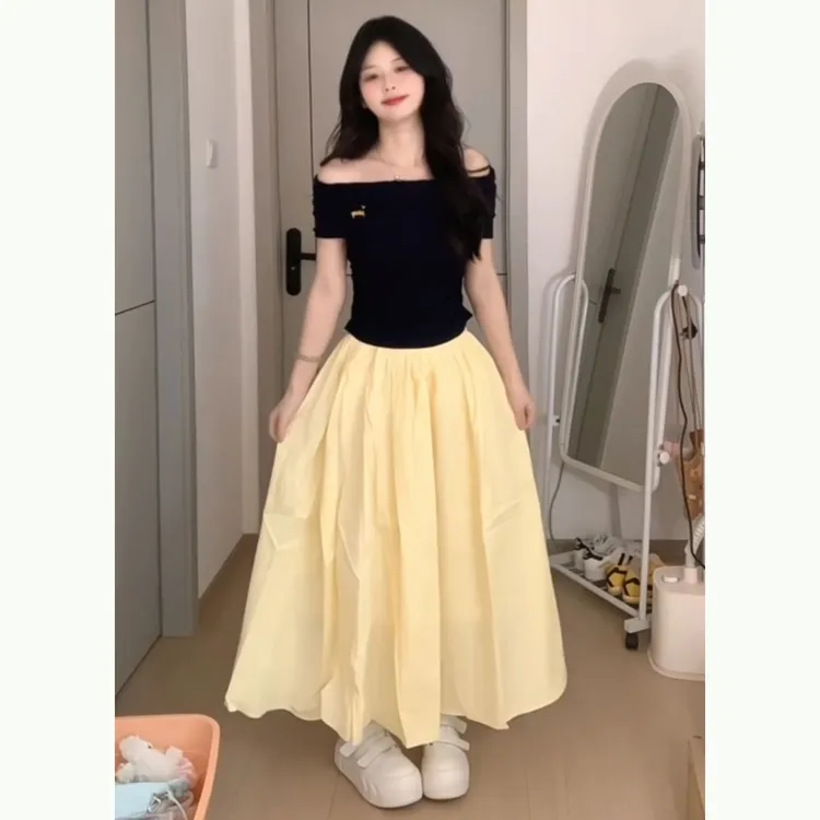 多巴胺穿搭两件套装一字肩露肩特别漂亮掐腰连衣裙女2025新款初夏