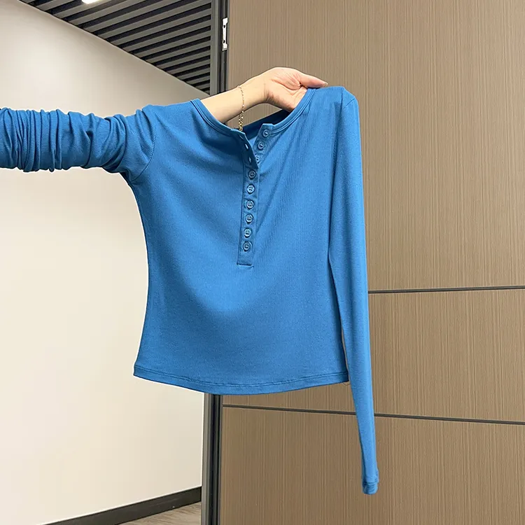 纯欲风小心机设计长袖T恤女亨利领纽扣休闲修身内搭打底上衣春季1