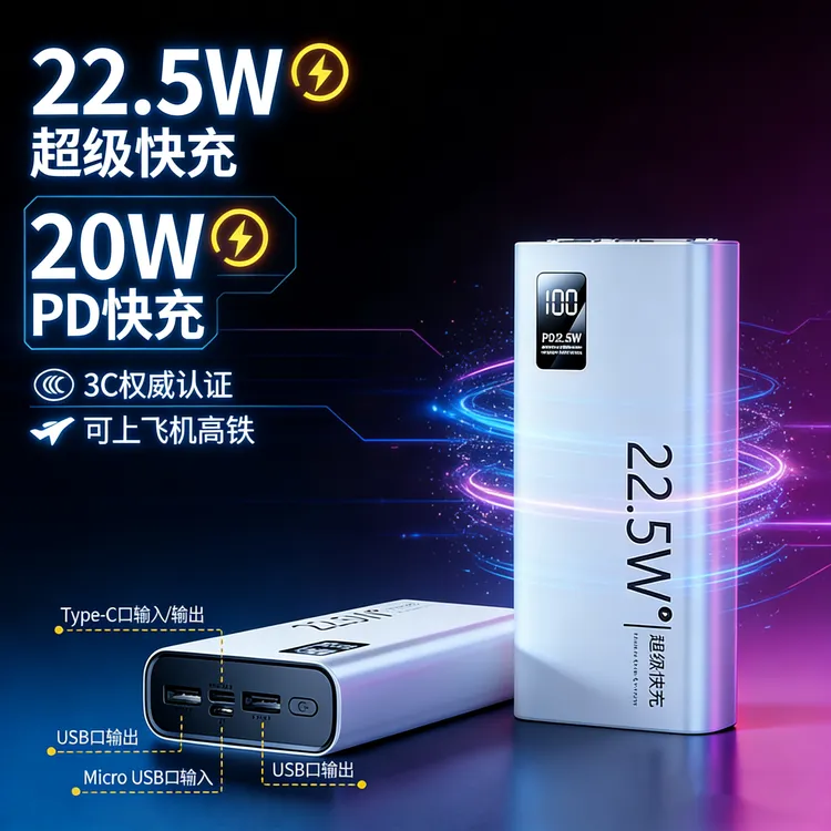 3C认证充电宝大容量22.5W超级快充轻薄便携PD通用移动电源新国标