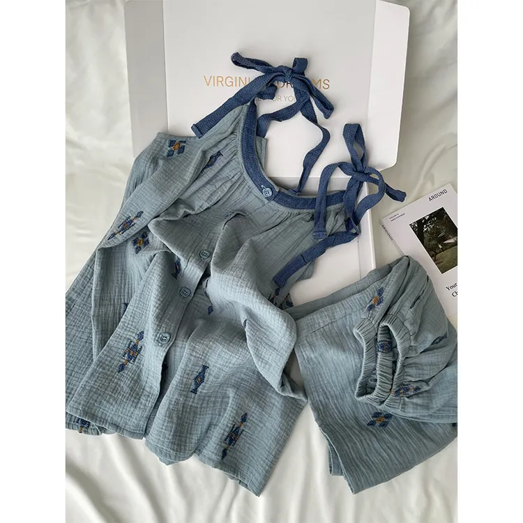 系带睡衣女气质蓝色夏季吊带短裤新中式国风时尚2025新款开衫套装