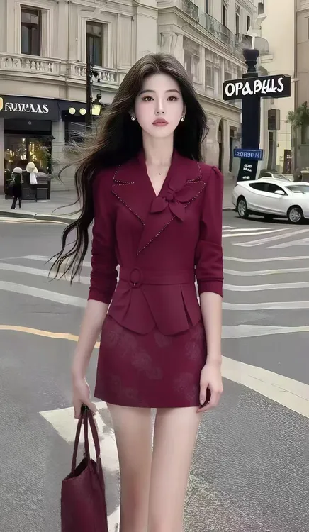 轻熟知性风减龄女装酒红色V领修身设计感上衣+百搭包臀半身裙套装