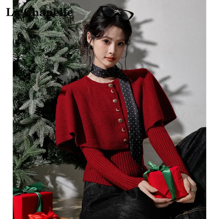 拉夏贝尔红色斗篷披肩套头毛衣女波点飘带圆领针织衫收腰显瘦上衣