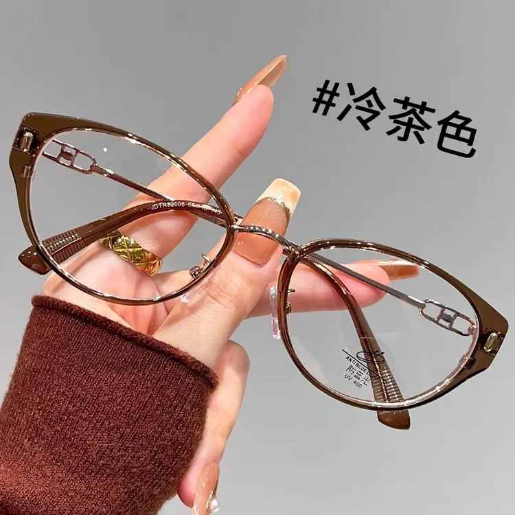 韩系复古猫眼眼镜女近视可配度数防蓝光高级感冷茶色素颜眼睛框架
