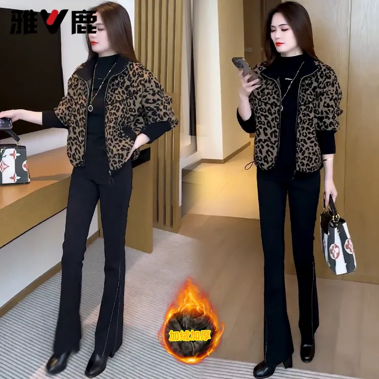 雅鹿时尚加绒休闲豹纹短款外套2025秋冬新款港风显瘦上衣