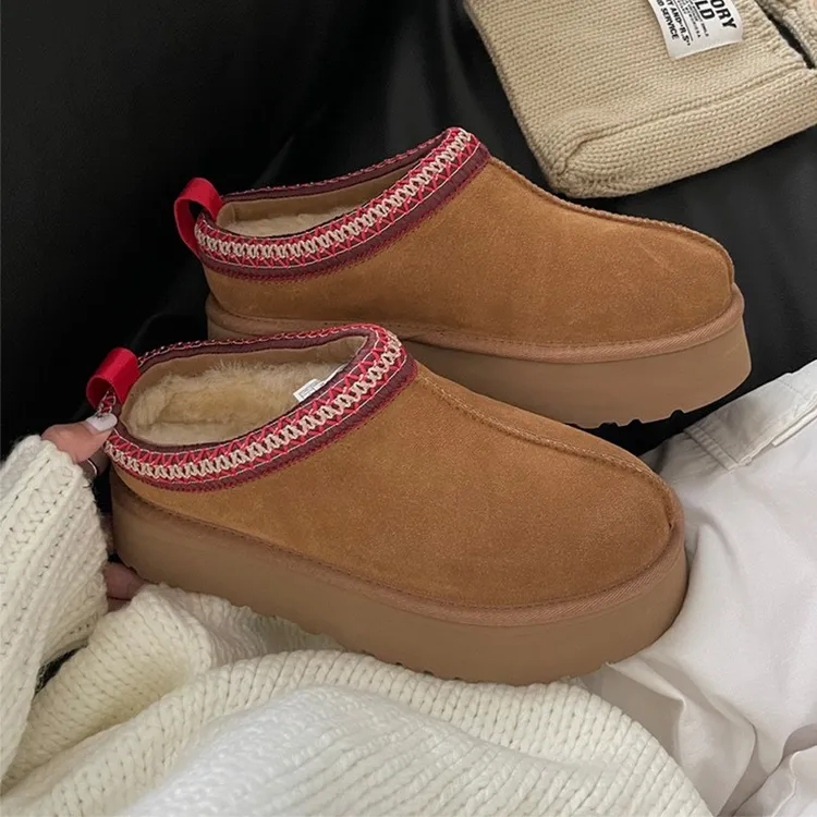 民族风厚底女皮毛一体短筒加绒加厚真皮真毛棉鞋女厚底女鞋