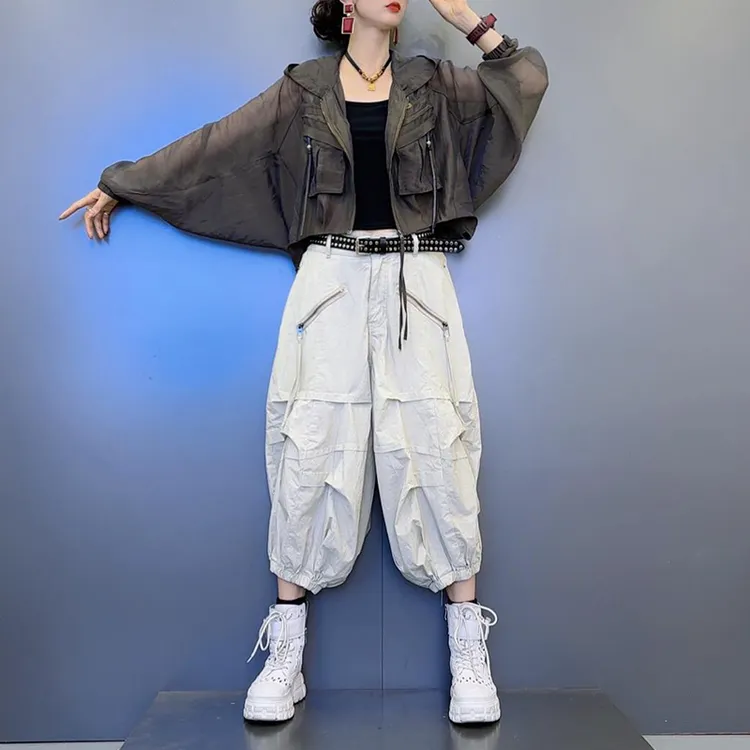 2025夏季新款连帽防晒衣外套女+高腰灯笼八分裤大码两件套装女潮