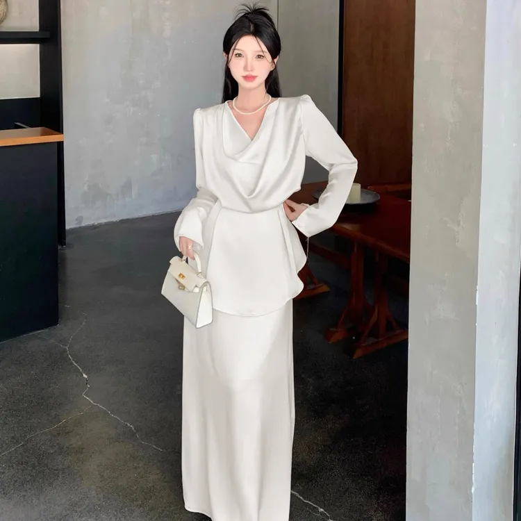 法式气质高级感荡领长袖女2024早秋新款高腰垂感半身裙两件套chic