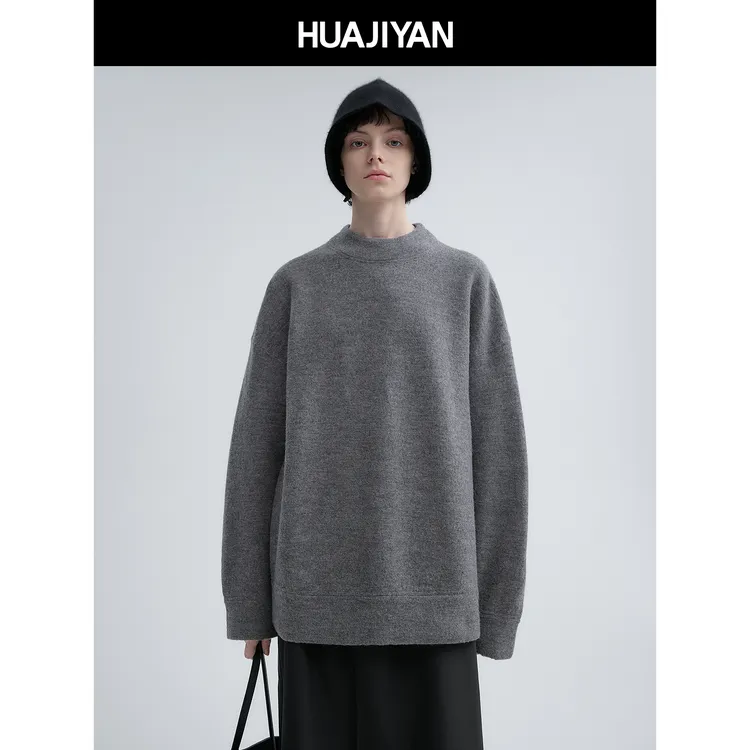 华吉言/HUAJIYAN【橡果】100羊毛强缩工艺百搭极简落肩圆领套头毛衣
