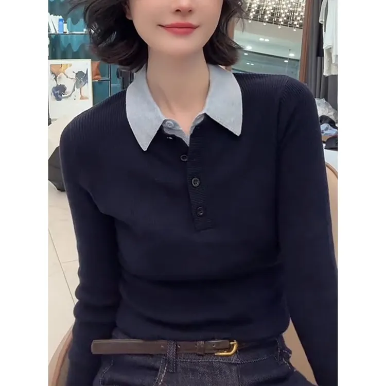 气质假两件拼接撞色翻领长袖针织衫2025秋冬新款轻奢舒适通勤上衣
