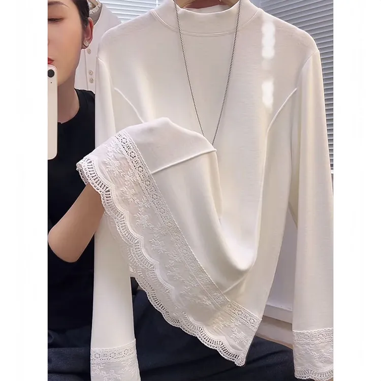 蕾丝拼接内搭打底衫2025秋冬新款双面德绒宽松t恤百搭白色上衣潮