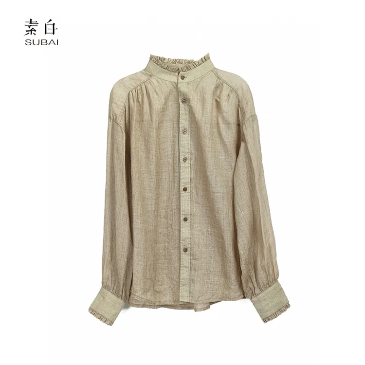  素白【放青松】炒色苎麻百搭休闲时尚花边长袖衬衫SB2412CP00927