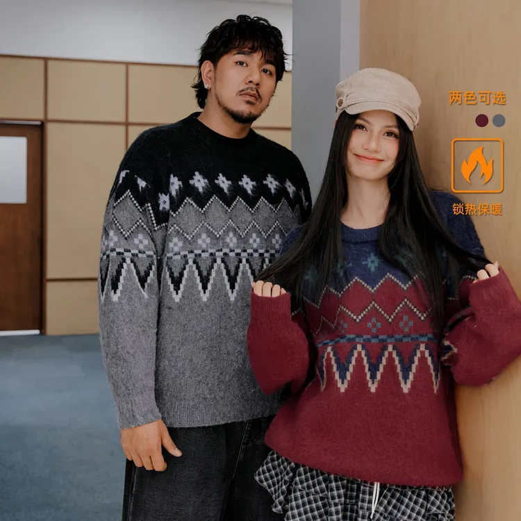 NMAX大码潮牌男装25年冬新款复古提花落肩宽松圆领羊绒毛衣FNE005