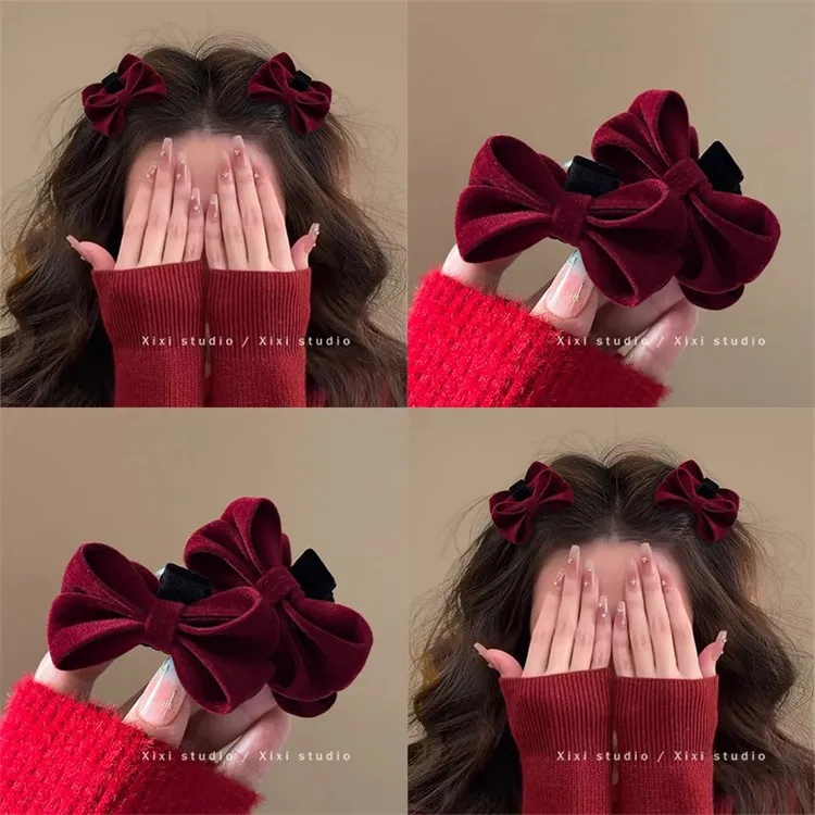 复古腔调！植绒蝴蝶结发夹！红色刘海抓夹氛围感侧边夹盘发器发饰