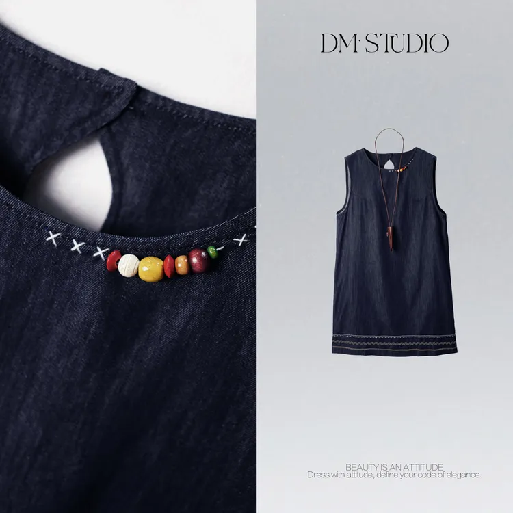 DEDM•STUDIO/复古减龄串珠领系绳百搭显瘦连衣裙2505LYQ/SS25891