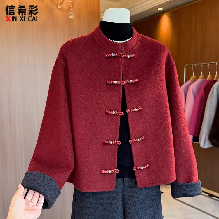 中年妈妈新中式国风单面羊绒大衣2025冬季新款毛呢喜婆婆红色外套