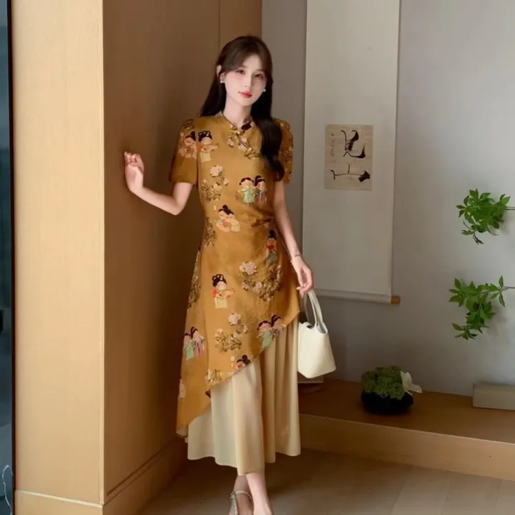 2025夏新中式国风复古印花盘扣假两件连衣裙女收腰显瘦短袖拼接裙