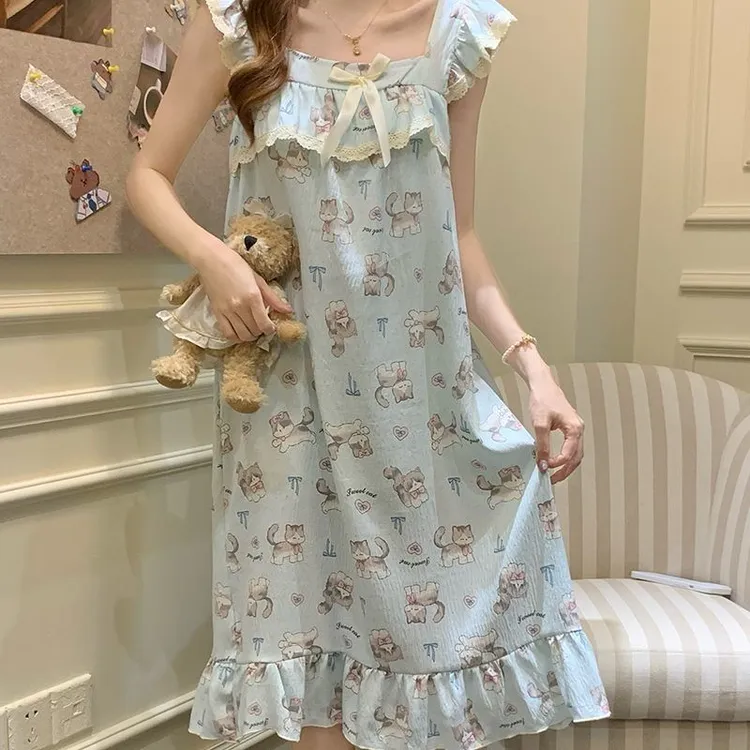 夏季吊带胸垫睡裙碎花睡衣卡通小猫小熊新款中长款甜美少女家居服