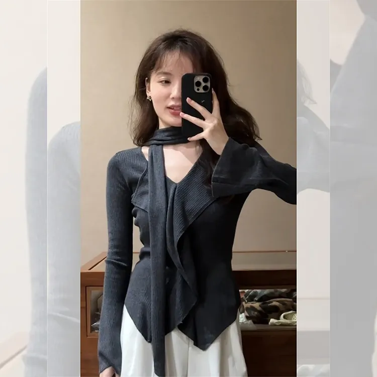 法式荷叶边飘带挂脖V领针织衫女早秋季穿搭不规则设计感内搭上衣